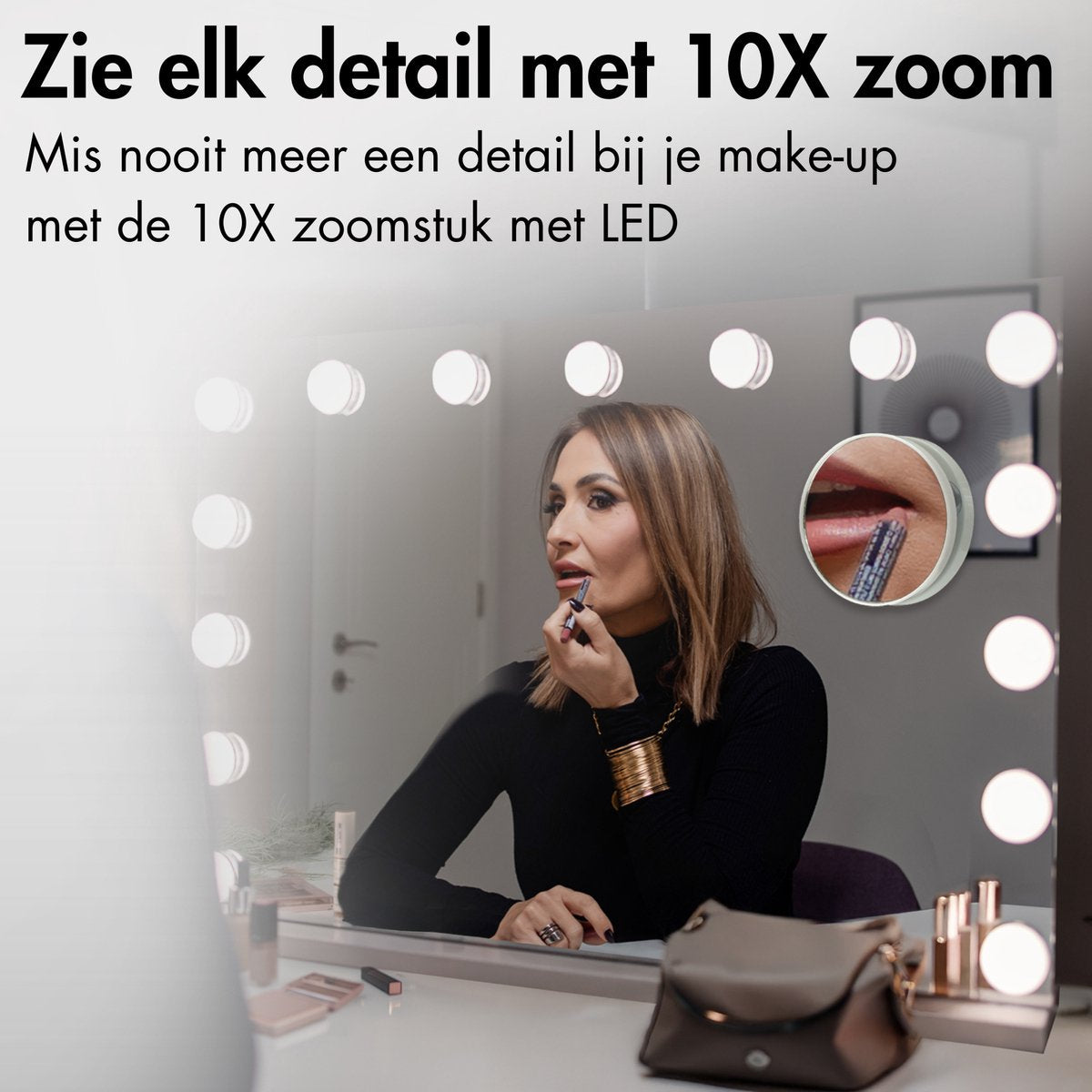 Sansbeauté® Hollywood Mirror 58x43 cm - Make-up-Spiegel - 15 LED-Lampen - 10-fache Vergrößerung - dimmbar - USB-Ladeanschluss - Touch-Steuerung - Bluetooth - Weiß