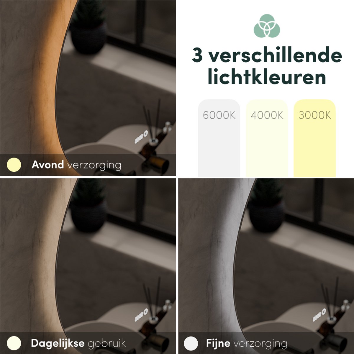 Beloura Badezimmerspiegel mit Beleuchtung - Runder Badezimmerspiegel - Heizung - Uhr - LED - 50 cm