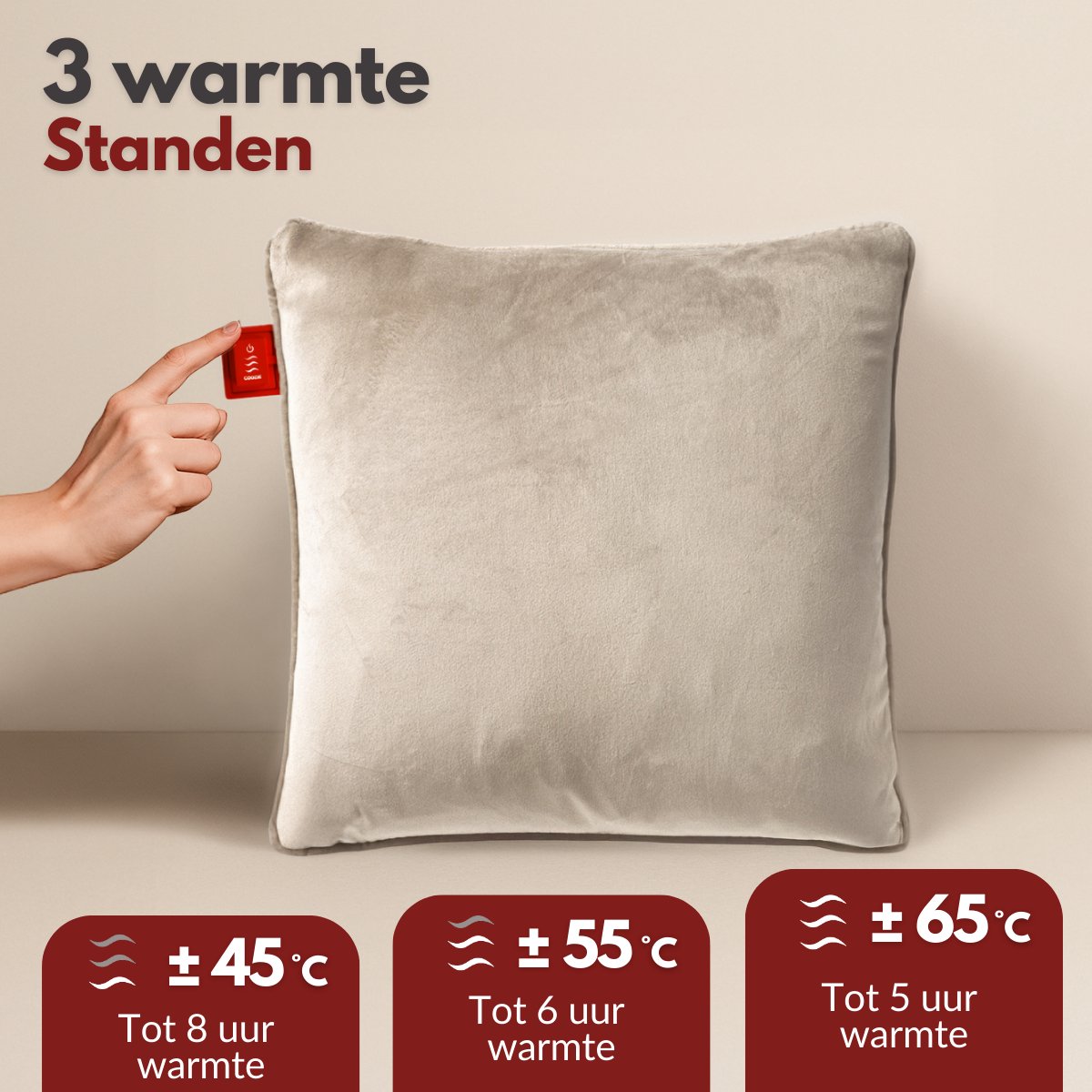 Coozie Wiederaufladbares Wärmekissen 45x45 cm - Kabellos & kabelgebunden - 3 Wärmestufen (45-65°C) - Velvet Beige - Inkl. 10.000 mAh Powerbank