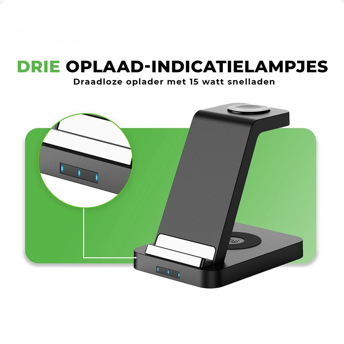 iSetchi Wireless 3-in-1 Ladestation - LED-Anzeige - 15W Schnellladung - Schwarz