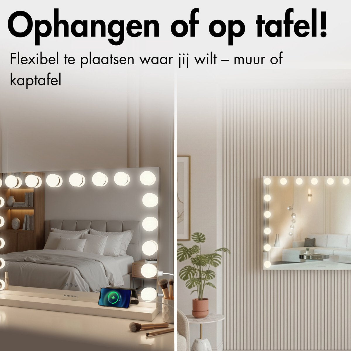 Sansbeauté® Hollywood Mirror 80x60 cm - Make-up-Spiegel - 18 LED-Lampen - 10-fache Vergrößerung - dimmbar - USB-Ladeanschluss - Touch-Steuerung - Bluetooth - Multi