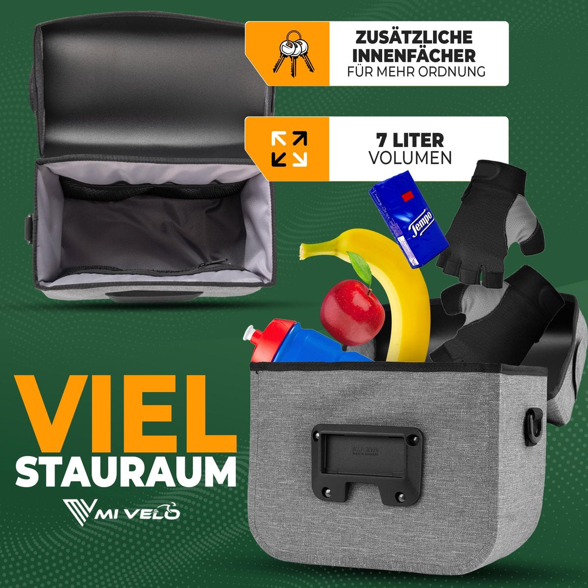 MIVELO Kinderlenkertasche - KLICKfix kompatibel - Wasserdicht - Mit Handyfach - Grau