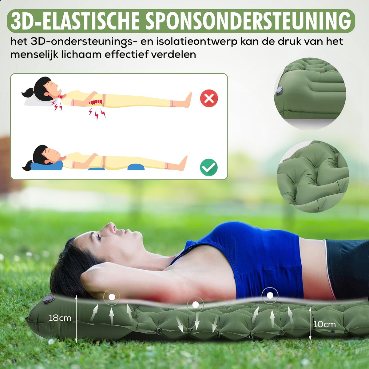 Travelhawk Luftmatratze - Campingbett - Eingebaute Pumpe - 1 Person - Schlafmatte 1 Person - Klicksystem - Grün