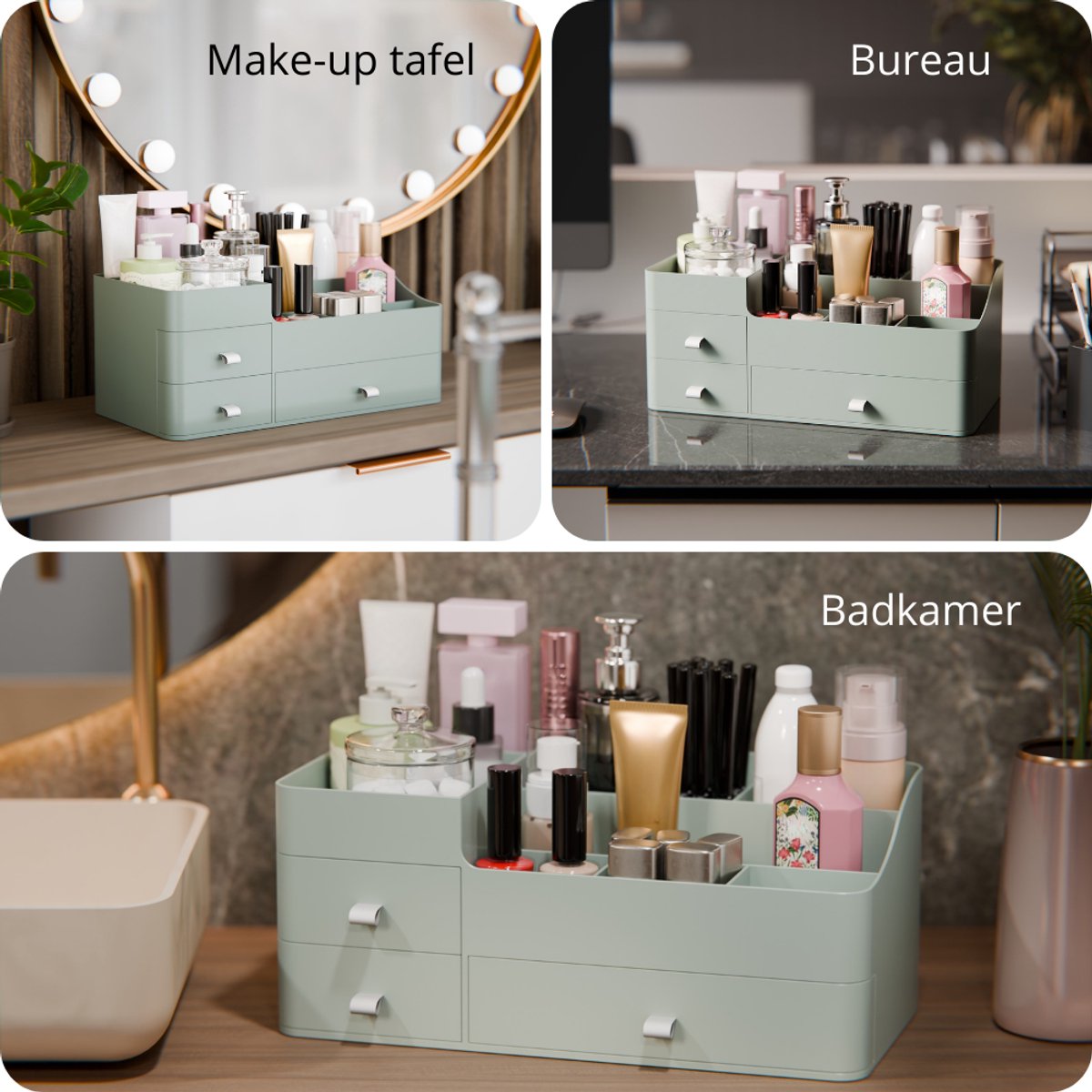 Organess Make-up-Organizer 2024 - Grünes Acryl - 3 Schubladen & 2 Fächer - Aufbewahrungsbox für Hautpflegeprodukte