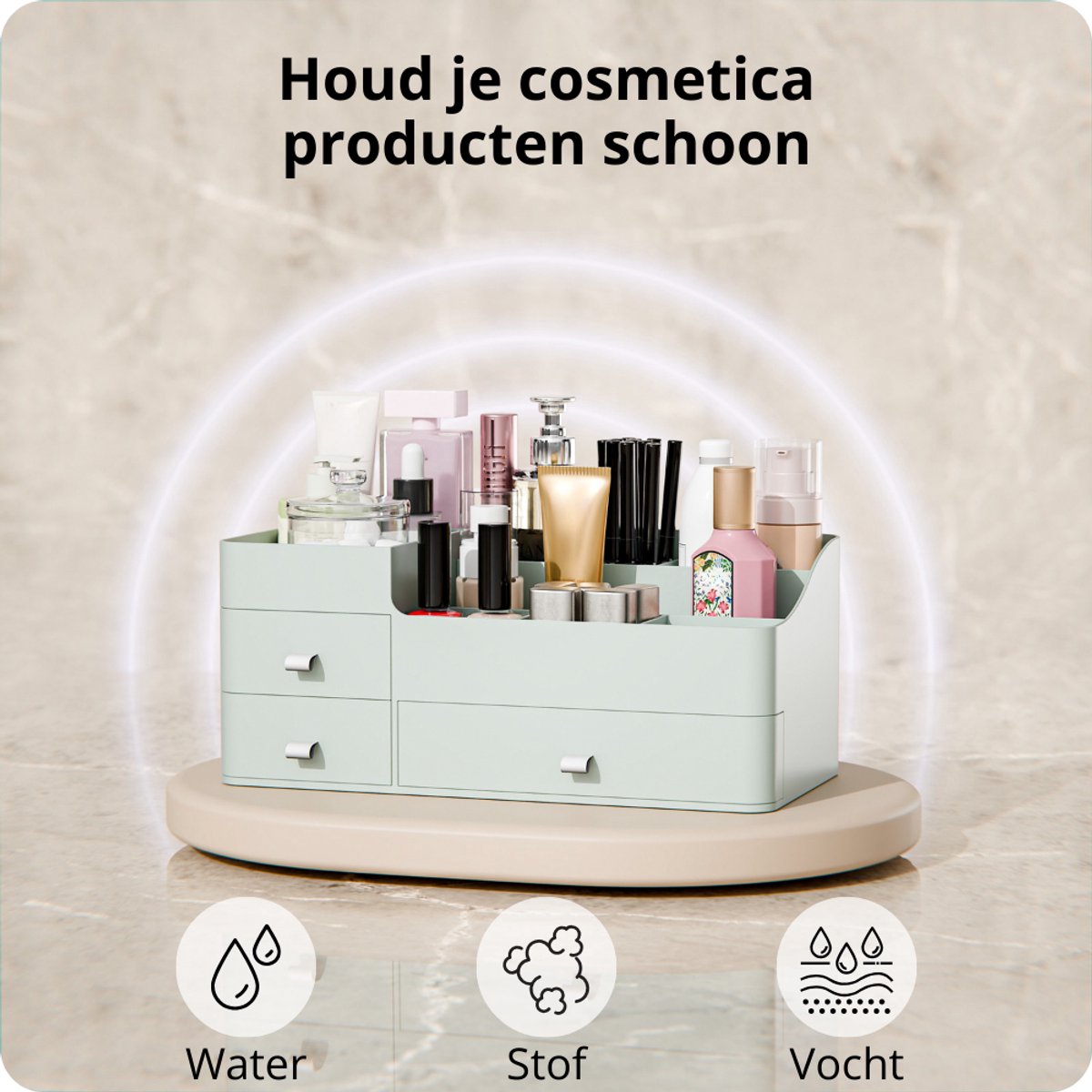 Organess Make-up-Organizer 2024 - Grünes Acryl - 3 Schubladen & 2 Fächer - Aufbewahrungsbox für Hautpflegeprodukte