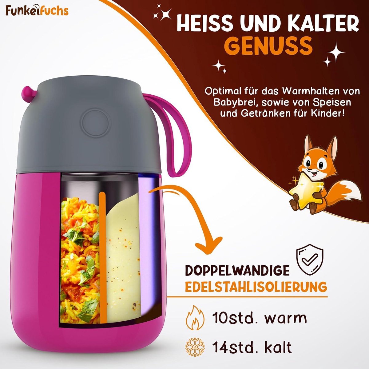 FUNKELFUCHS® - Thermobecher für Kinderkost - Essenswärmer aus Edelstahl - 500ml - 100% auslaufsicher - Rosa Einhorn