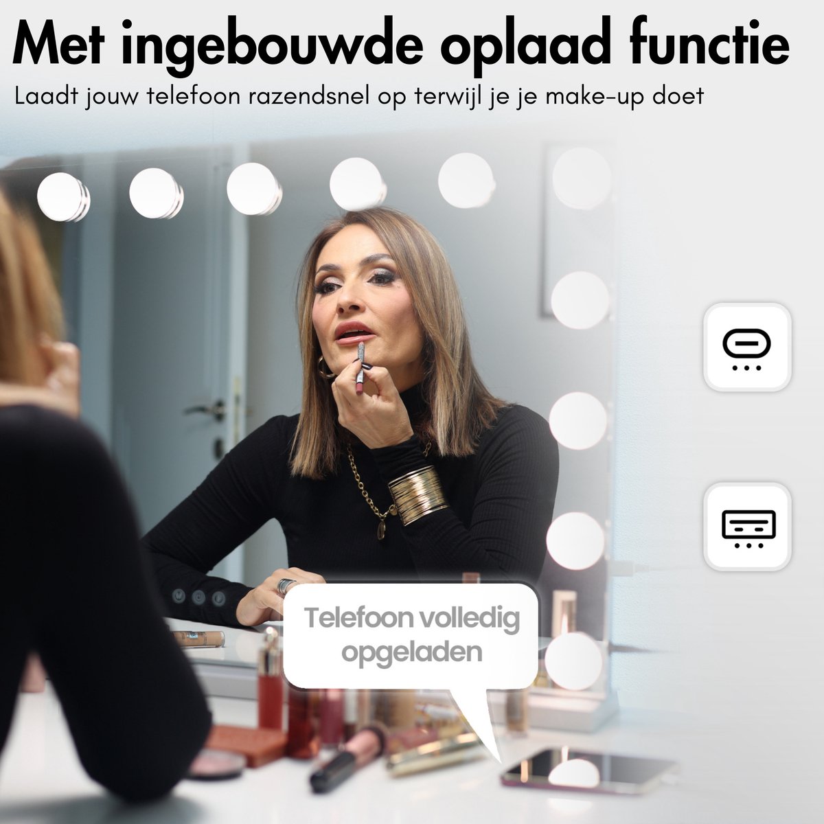 Sansbeauté® Hollywood Mirror 58x43 cm - Make-up-Spiegel - 15 LED-Lampen - 10-fache Vergrößerung - dimmbar - USB-Ladeanschluss - Touch Control - Schwarz