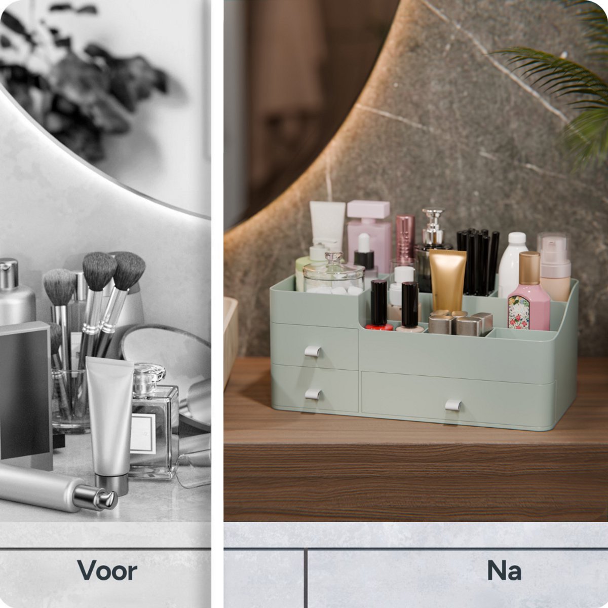 Organess Make-up-Organizer 2024 - Grünes Acryl - 3 Schubladen & 2 Fächer - Aufbewahrungsbox für Hautpflegeprodukte