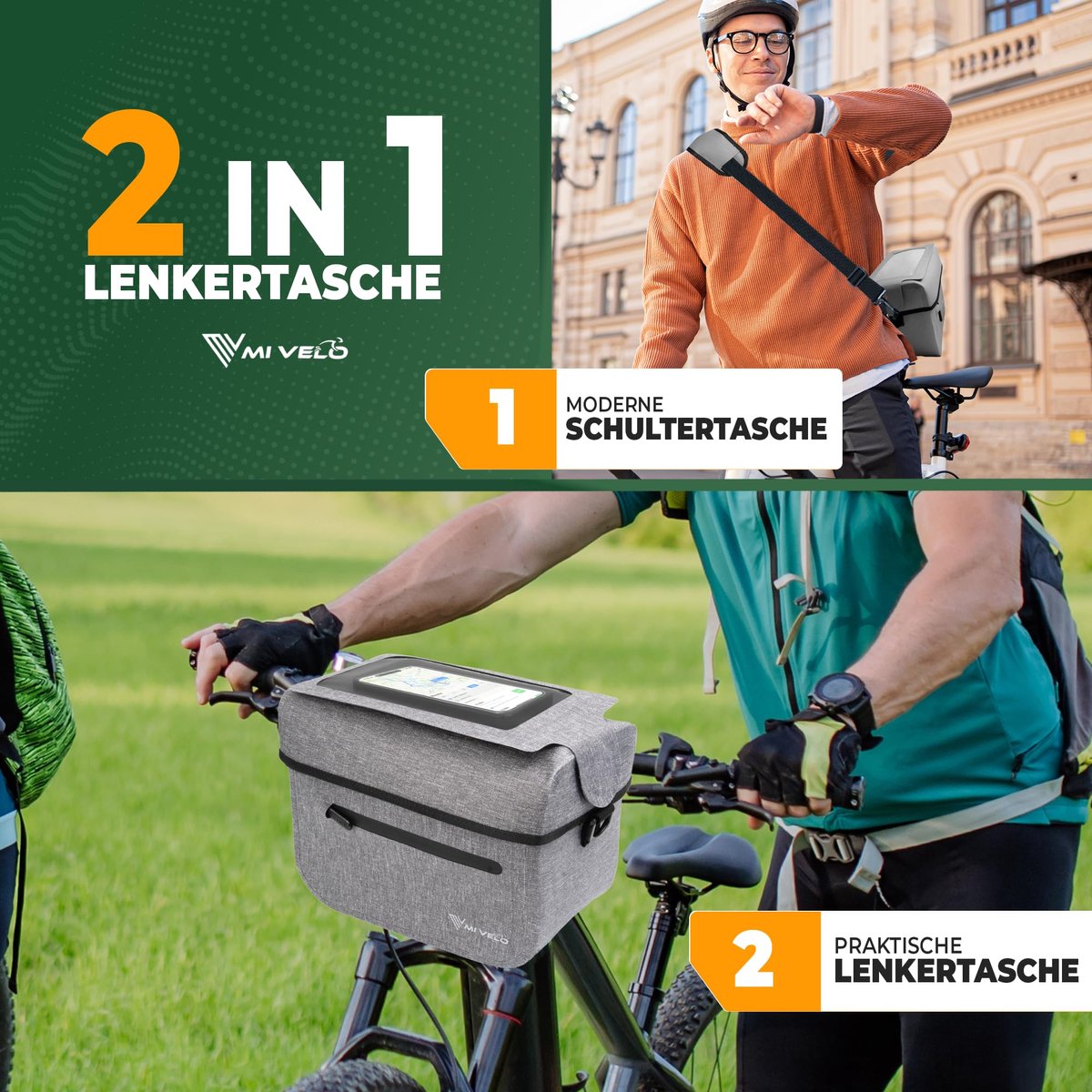 MIVELO Kinderlenkertasche - KLICKfix kompatibel - Wasserdicht - Mit Handyfach - Grau