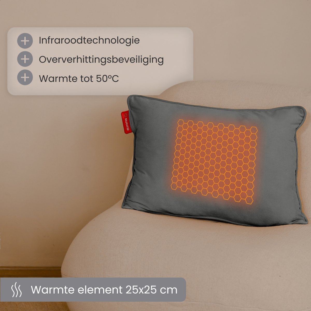 Auronic Wärmekissen - Samt - 45x60 - Kabellos - Wiederaufladbar - Elektrisches Kissen - Infrarot - Grau