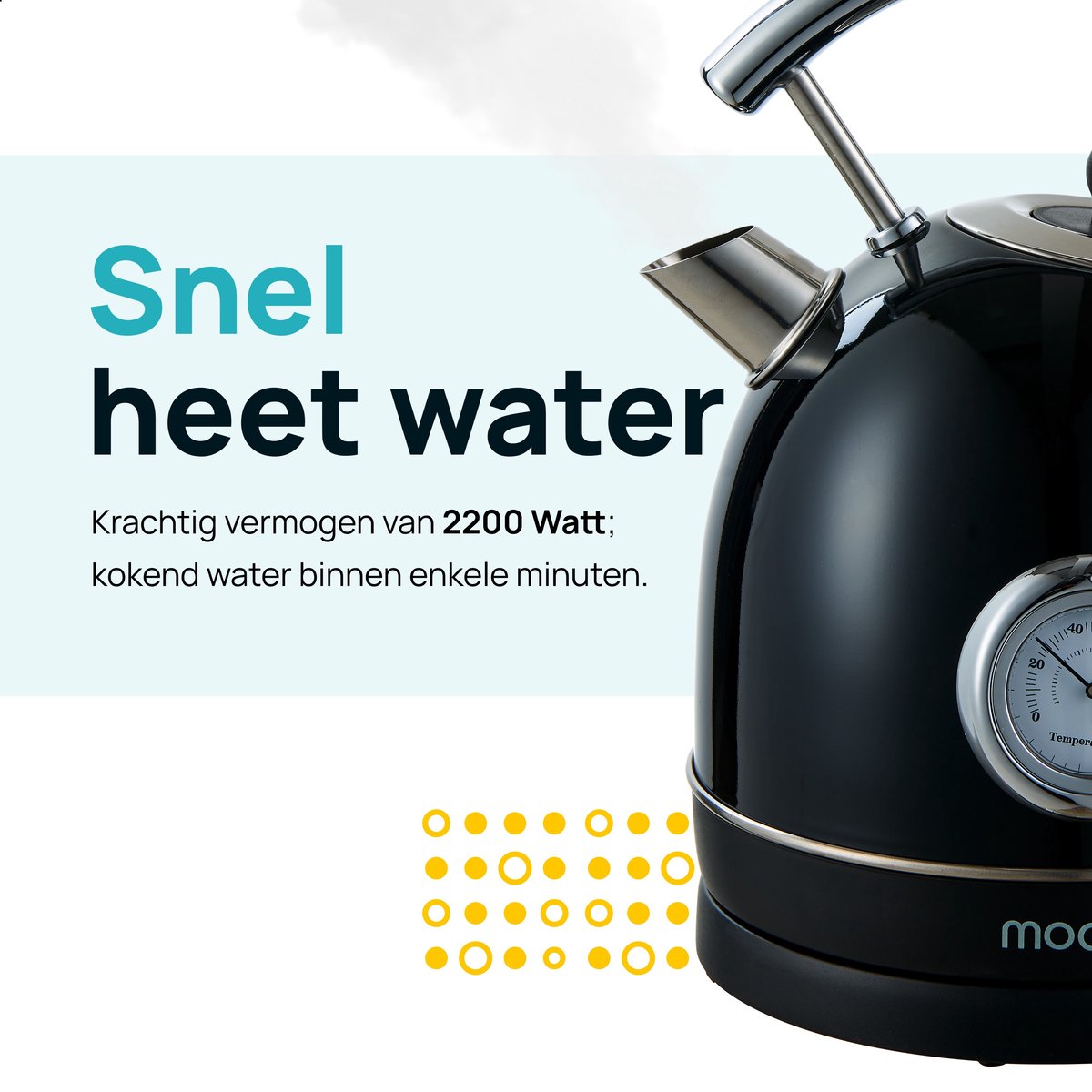 MOA® Retro-Wasserkocher - 1,8 Liter - Edelstahl - Mit Thermometer & Anti-Kalk-Filter - 2200W - Schwarz