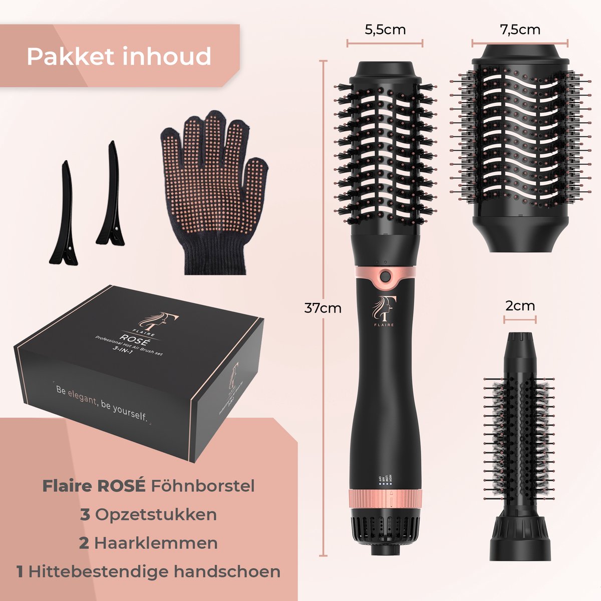 Flaire ROSÉ Haartrocknerbürste mit 3 Aufsätzen - Keramik-Lockenbürste - ionisch - 1200W - Schwarz