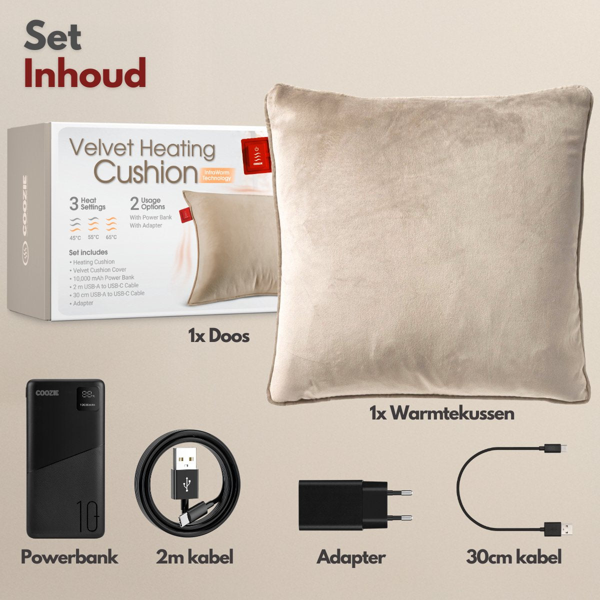 Coozie Wiederaufladbares Wärmekissen 45x45 cm - Kabellos & kabelgebunden - 3 Wärmestufen (45-65°C) - Velvet Beige - Inkl. 10.000 mAh Powerbank