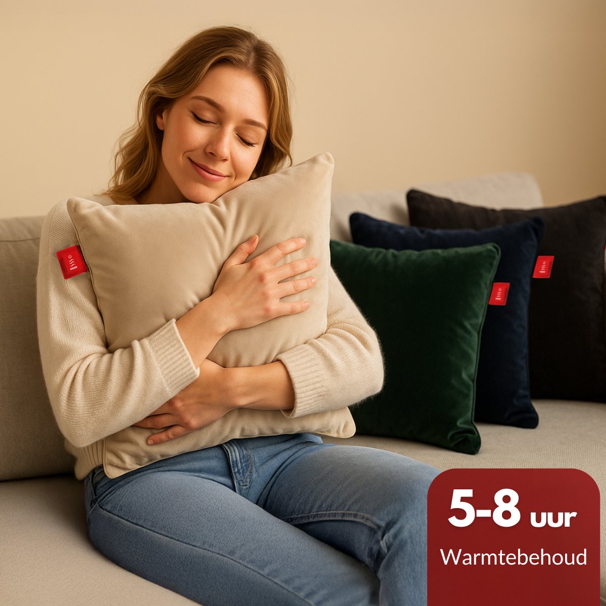 Coozie Wiederaufladbares Wärmekissen 45x45 cm - Kabellos & kabelgebunden - 3 Wärmestufen (45-65°C) - Velvet Beige - Inkl. 10.000 mAh Powerbank