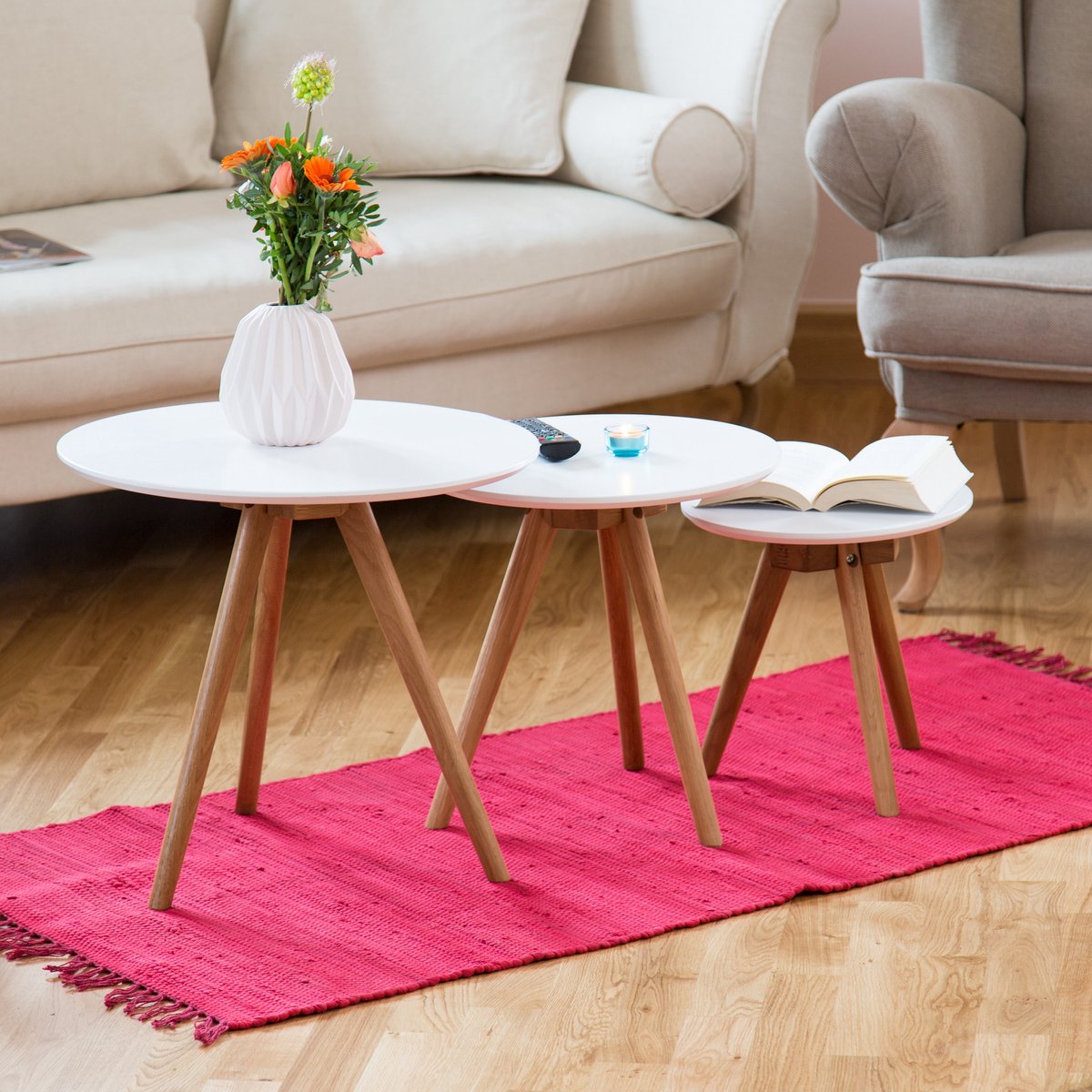 WOLTU Beistelltisch-Set, 3-teilig, Weiß/Walnuss – 50, 40 und 32 cm – rund – stapelbar