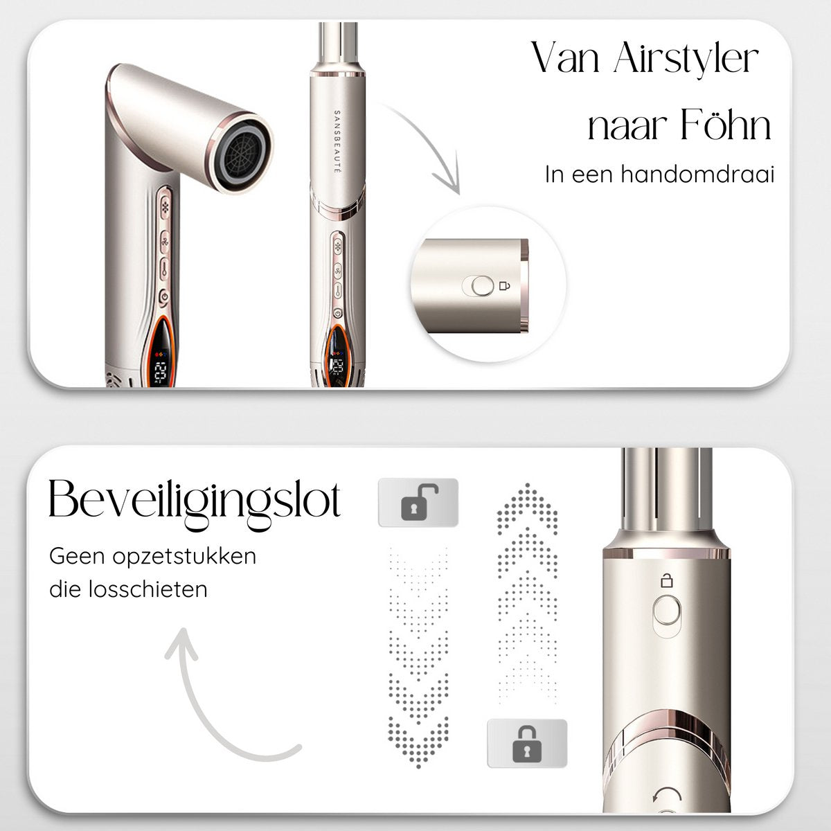 Sansbeauté® 7-in-1 Airstyler - Multistyler - Haartrocknerbürste - Lockenstab - Stylingbürste - Haarstyler - Wärmebürste - Gold