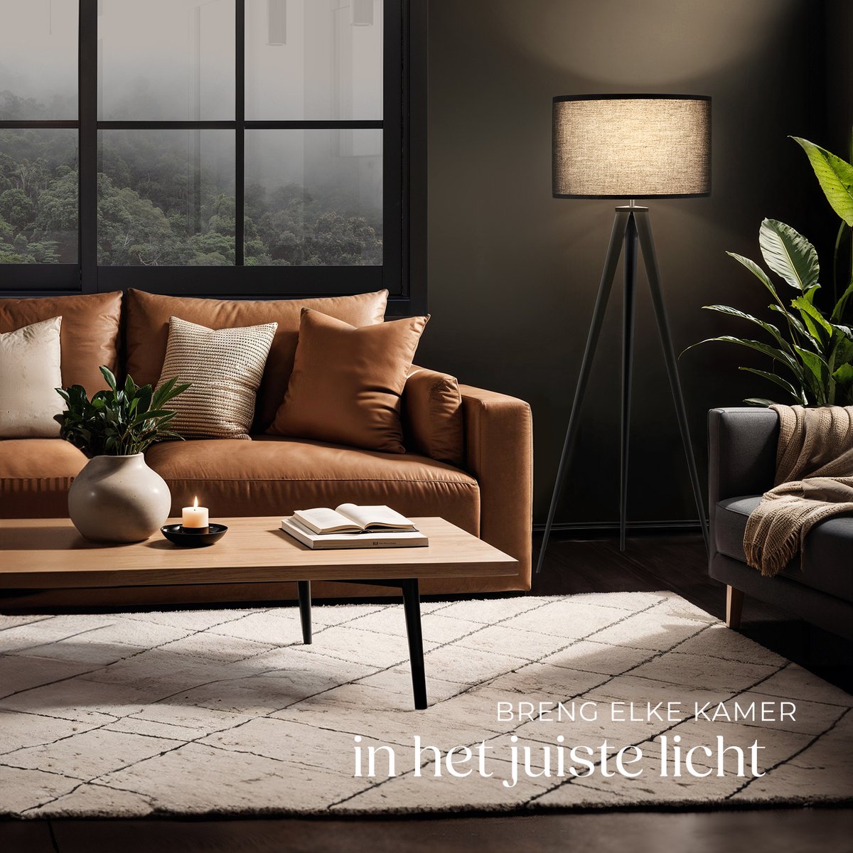 tectake® Stehleuchte - Stehleuchte 3-Fuß - 158 cm hoch - Schirm in Leinenoptik - Fußschalter - Schwarz