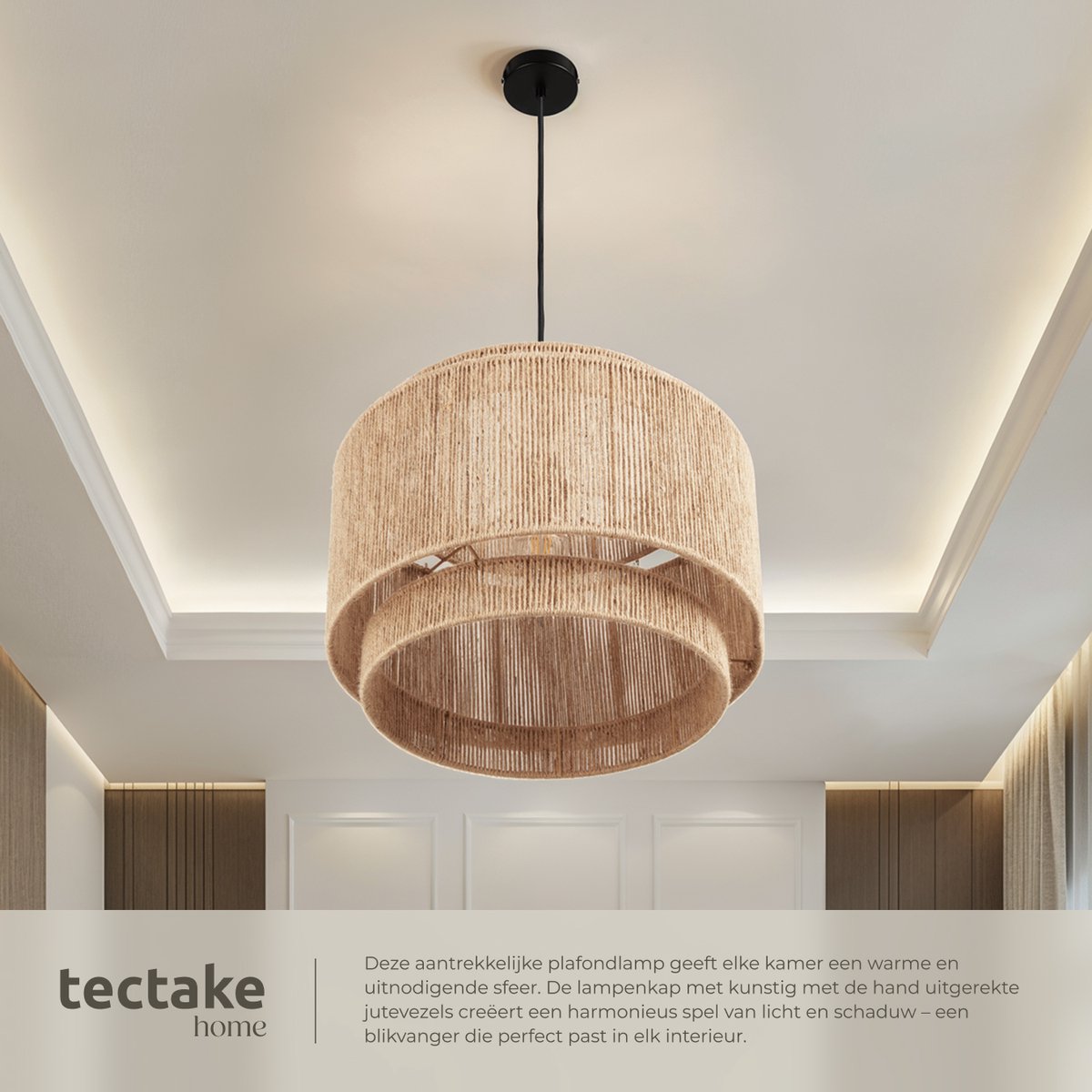 tectake® Deckenleuchte Lignea Lux - Boho Pendelleuchte - Jute Natur - Ø46 x 32 cm - 40W