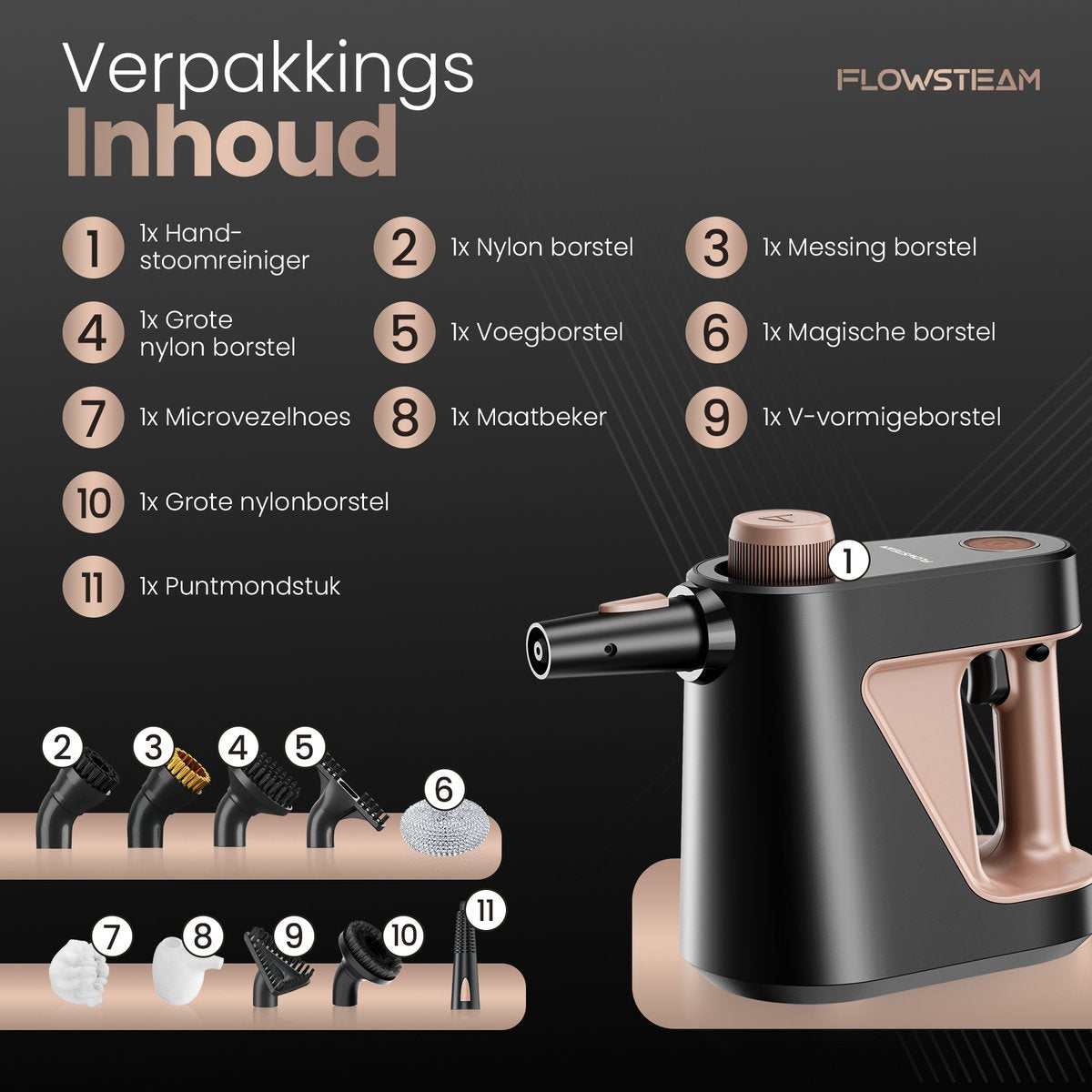FLOWSTEAM® 9-in-1 Handdampfreiniger - Leistungsstarker Dampfreiniger und Fleckenentferner - 4 Bar und 110°C Dampf - Für Bad, Küche, Sofa und Möbel**
