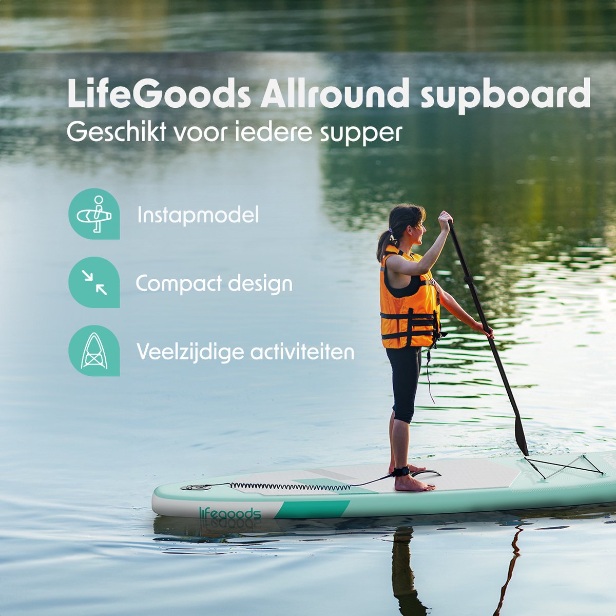 LifeGoods SUP Board - Allround Kompakt - 100 KG Tragkraft - Aufblasbar - Komplettes SUP Paket - Pastellgrün
