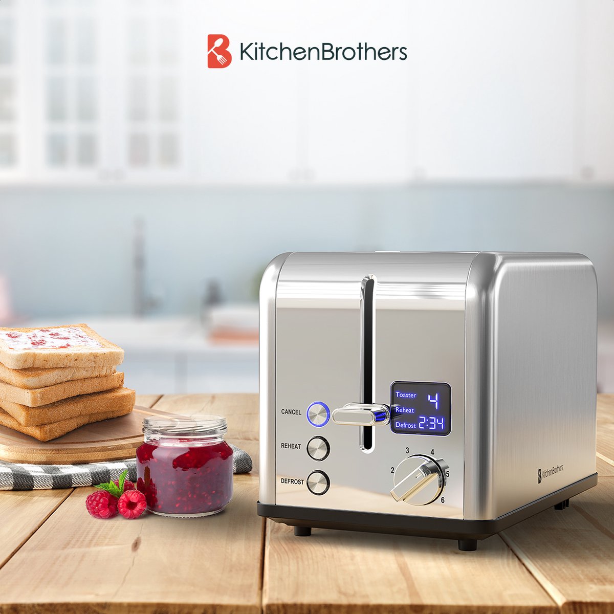 KitchenBrothers Toaster - Toaster - 6 Heizstufen - 2 extra breite Schlitze - 815W - Edelstahl/Silber