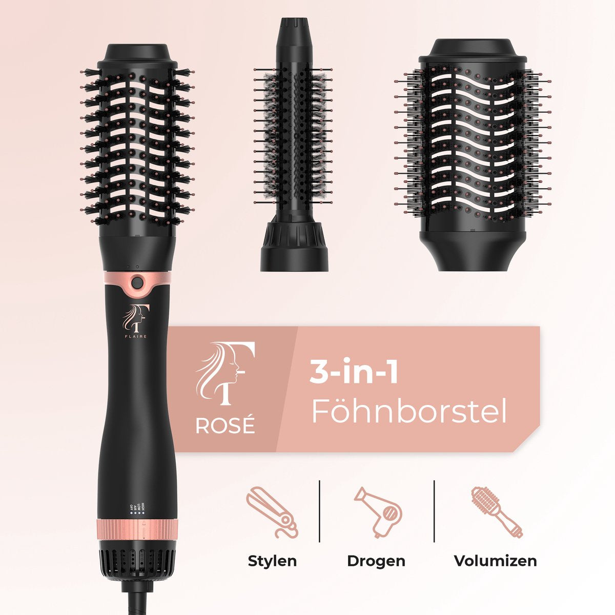 Flaire ROSÉ Haartrocknerbürste mit 3 Aufsätzen - Keramik-Lockenbürste - ionisch - 1200W - Schwarz