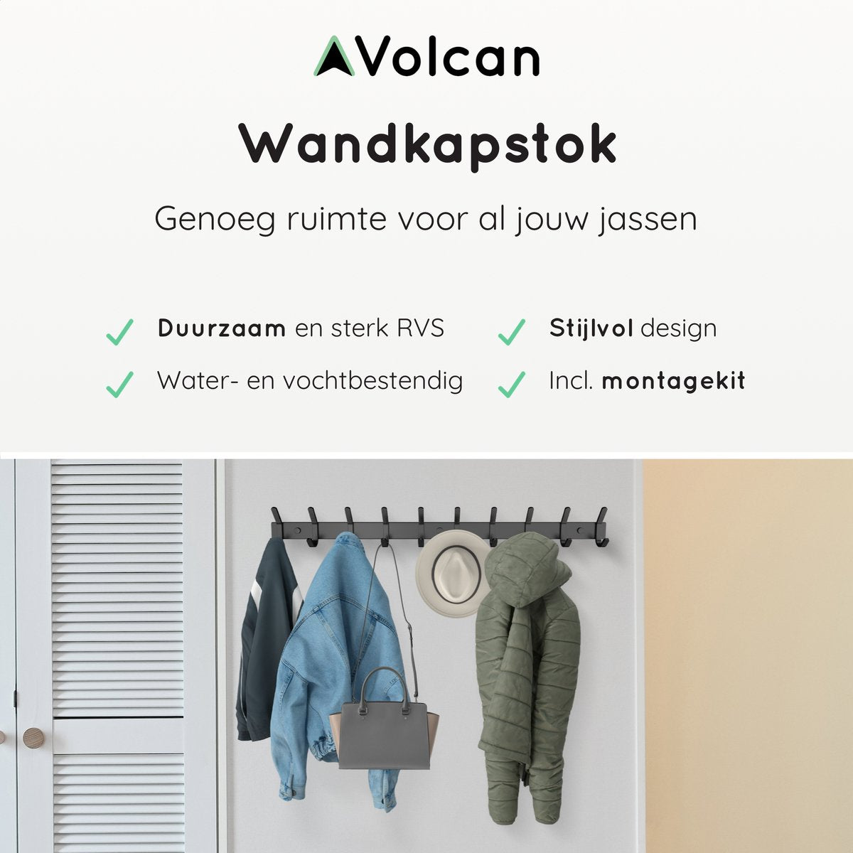 Volcan Wandgarderobe - 20 Haken - Edelstahl - Wandgarderobe zum Aufhängen - Industriell - 3M-Band - Schwarz