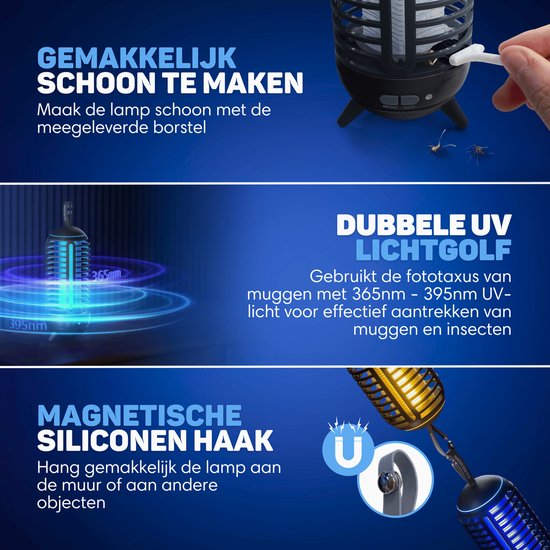 Vulpes Goods® Repellent - Mückenlampe Wiederaufladbar - Elektrischer Insektenvernichter - Fliegenlampe - Insektenlampe - UV-Modus & Nachtlicht - Aufhängbar - Wasserdicht - Inkl. Auffangschale & Reinigungsbürste