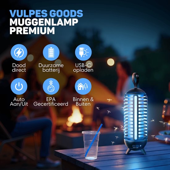 Vulpes Goods® Repellent - Mückenlampe Wiederaufladbar - Elektrischer Insektenvernichter - Fliegenlampe - Insektenlampe - UV-Modus & Nachtlicht - Aufhängbar - Wasserdicht - Inkl. Auffangschale & Reinigungsbürste