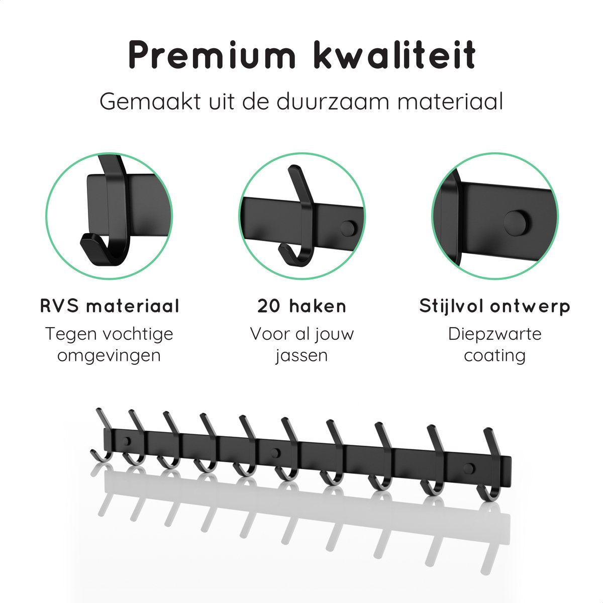 Volcan Wandgarderobe - 20 Haken - Edelstahl - Wandgarderobe zum Aufhängen - Industriell - 3M-Band - Schwarz