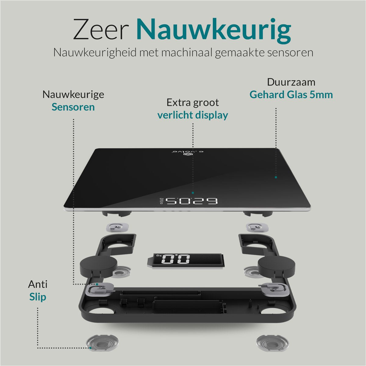 E-volve - Personenwaage Digital - Inklusive Batterien - Gehärtetes Glas - LCD Display - Bis zu 180 kg - Genaue Messung - Schwarz
