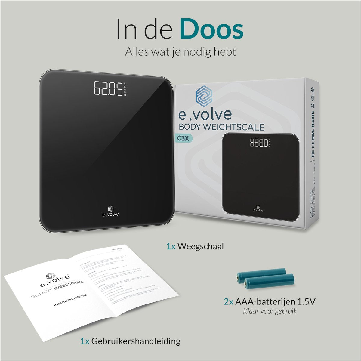 E-volve - Personenwaage Digital - Inklusive Batterien - Gehärtetes Glas - LCD Display - Bis zu 180 kg - Genaue Messung - Schwarz