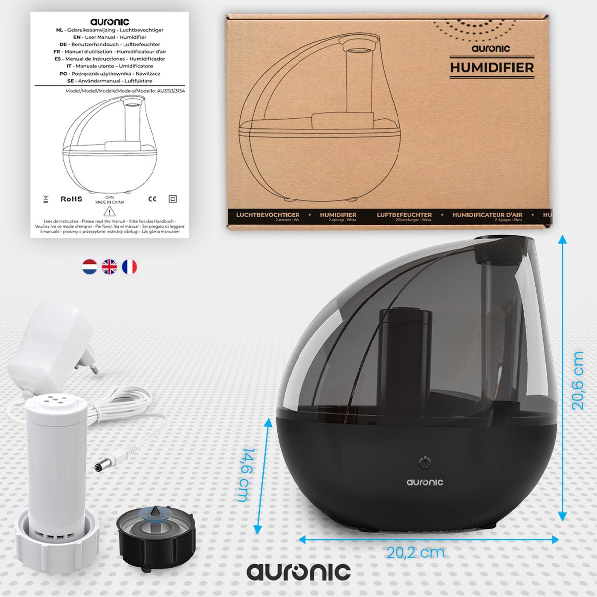Auronic Luftbefeuchter - Geeignet für Babyzimmer & Schlafzimmer - Inklusive Wasserfilter - Schwarz