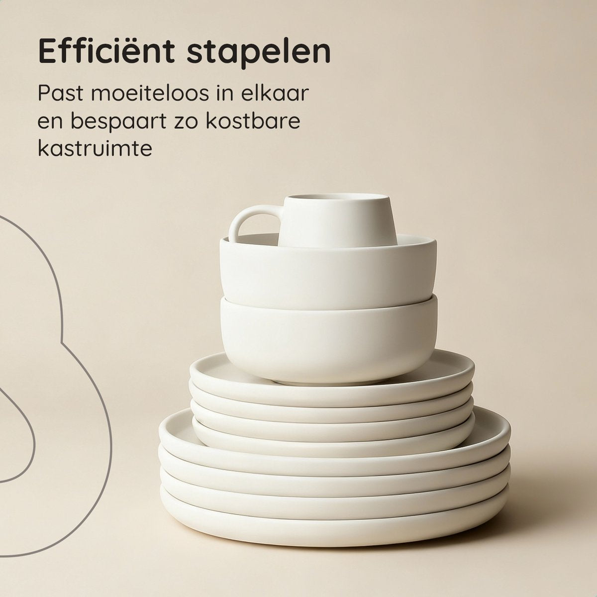 Deleca Geschirrset 6 Personen Kyoto - Kaffeetassen mit Ohr / Schalen / Große Teller und kleine Teller Set - Japanischer Stil - Massives Steingut - Cremeweiß / 24 Stück