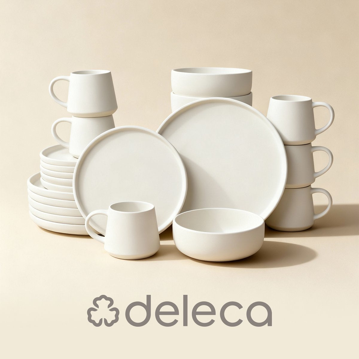 Deleca Geschirrset 6 Personen Kyoto - Kaffeetassen mit Ohr / Schalen / Große Teller und kleine Teller Set - Japanischer Stil - Massives Steingut - Cremeweiß / 24 Stück