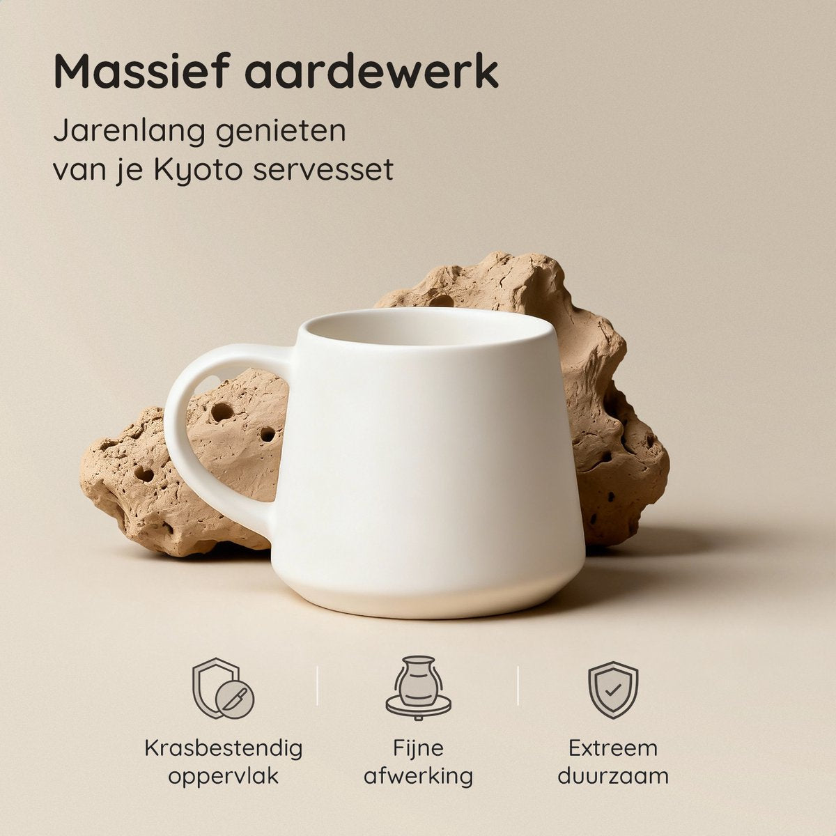 Deleca Geschirrset 6 Personen Kyoto - Kaffeetassen mit Ohr / Schalen / Große Teller und kleine Teller Set - Japanischer Stil - Massives Steingut - Cremeweiß / 24 Stück
