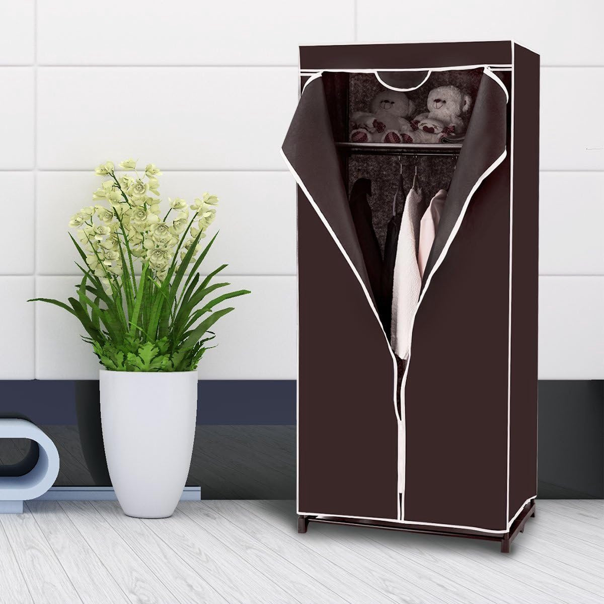 Coastal Fabric Garderobe - Ausgestattet mit Kleiderstange und atmungsaktive Abdeckung mit Reißverschluss und Anti-Rutsch-Füße - für Schlafzimmer und Camping - Schwarz Eisen und Vliesstoff - 74 x 50 x 172 cm