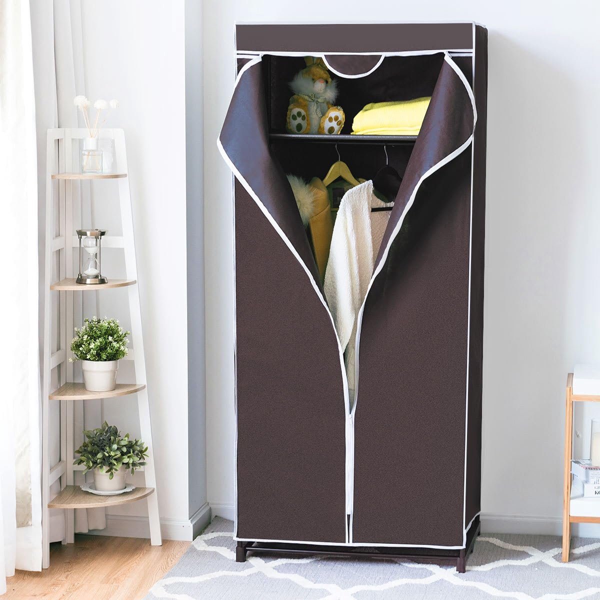 Coastal Fabric Garderobe - Ausgestattet mit Kleiderstange und atmungsaktive Abdeckung mit Reißverschluss und Anti-Rutsch-Füße - für Schlafzimmer und Camping - Schwarz Eisen und Vliesstoff - 74 x 50 x 172 cm