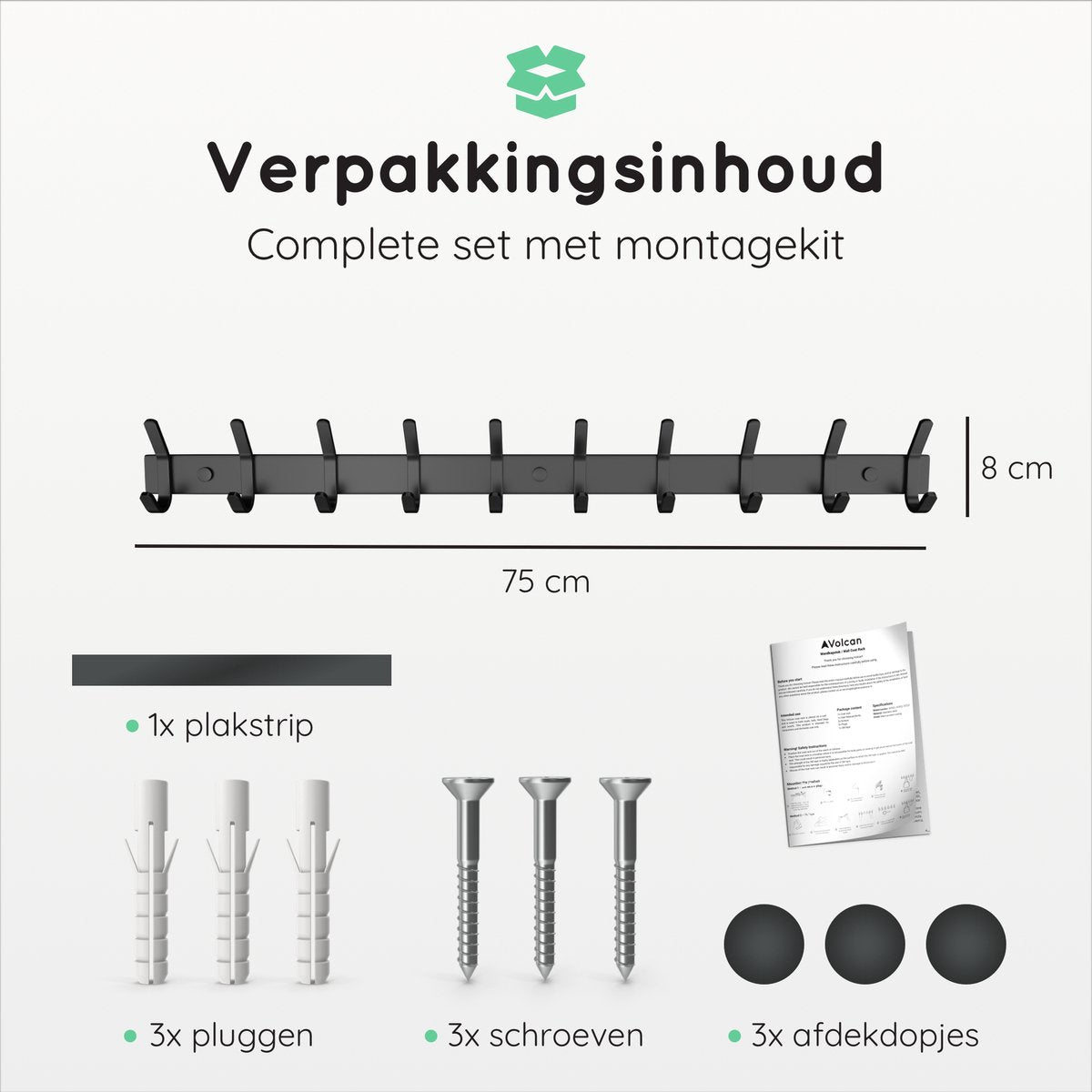 Volcan Wandgarderobe - 20 Haken - Edelstahl - Wandgarderobe zum Aufhängen - Industriell - 3M-Band - Schwarz
