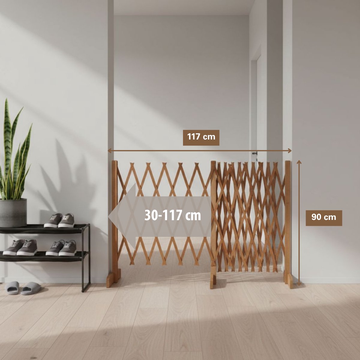 maxxpro - Hundezaun ausziehbar - 30 bis 117 cm - Naturholz - 90 cm Höhe - Für Treppen oder Türen - Sicherheitsgitter & Absperrung - Kompakt & verstellbar