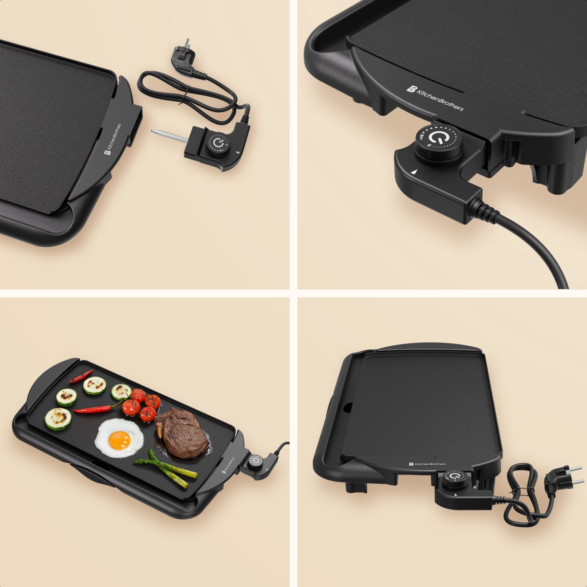 KitchenBrothers Elektrische Grillplatte XL - 2000W - Teppanyaki - Schwarz