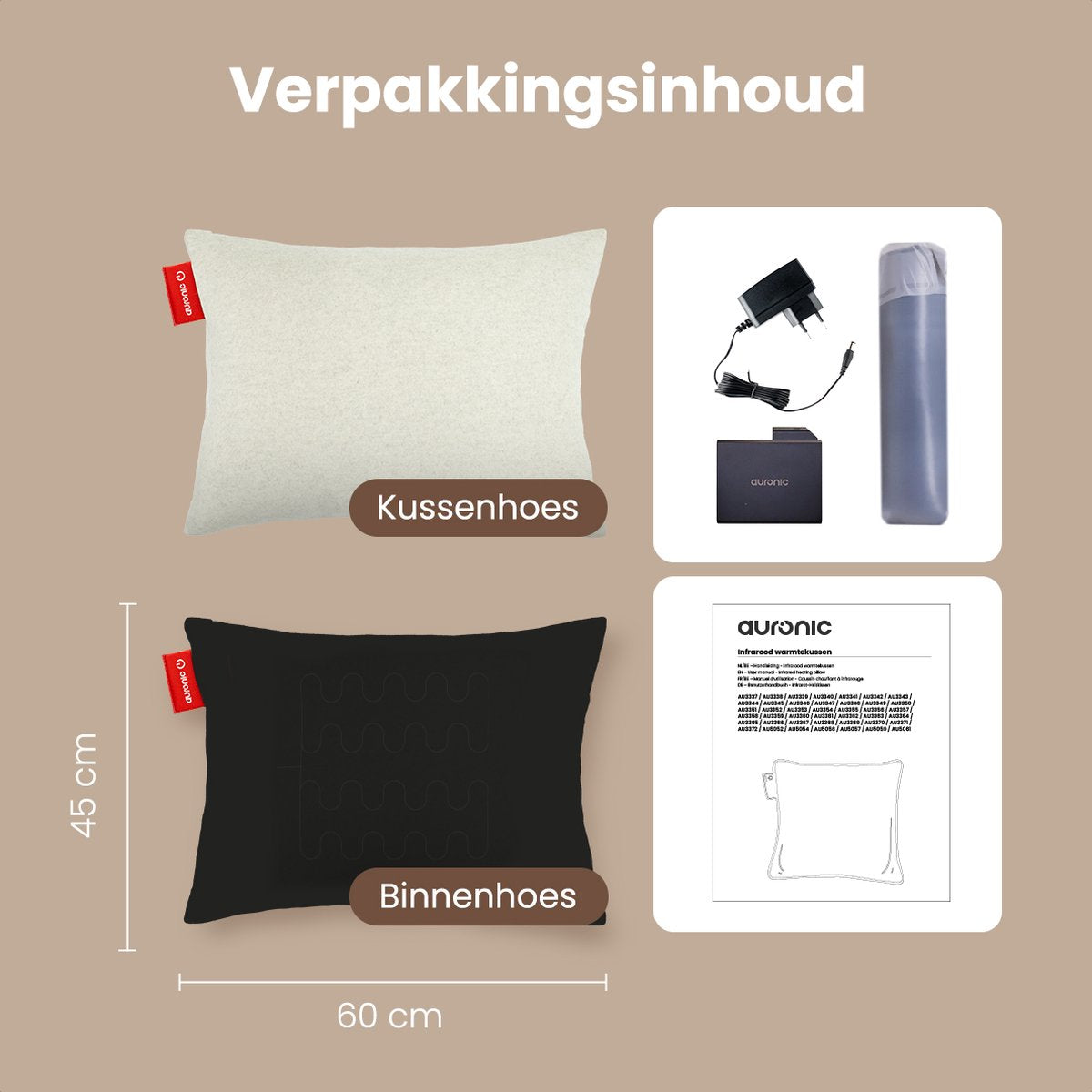 Auronic Wärmekissen - 3 Heizmodi - 10.000 mAh - 2,5m Kabel - 45x60cm - Taupe