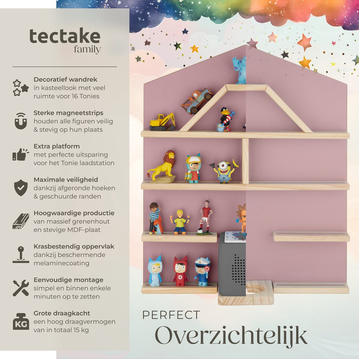 Tectake Mylittle Story Wandregal für Tonies - Hausform - Holz - Kirschbaumoptik