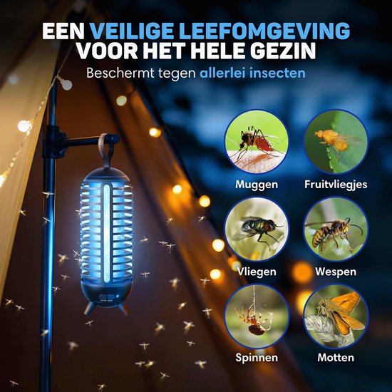 Vulpes Goods® Repellent - Mückenlampe Wiederaufladbar - Elektrischer Insektenvernichter - Fliegenlampe - Insektenlampe - UV-Modus & Nachtlicht - Aufhängbar - Wasserdicht - Inkl. Auffangschale & Reinigungsbürste