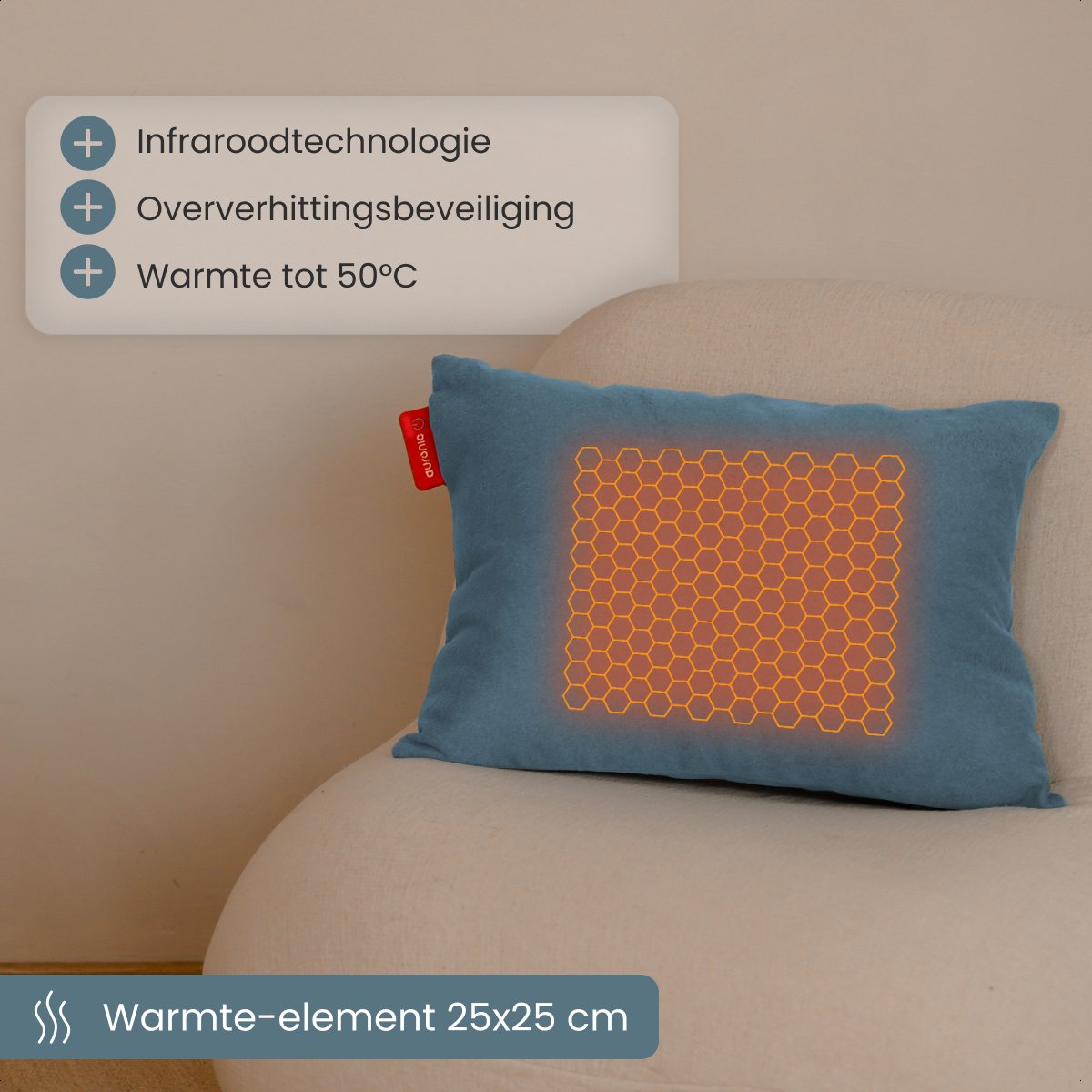 Auronic - Infrarot-Heizkissen Classic - 45 x 60 cm - Ausgestattet mit 10.000 mAh Akku und 3 Wärmemodi und 2,5 Meter Kabel - Für Innen und Außen - Blaugraues Textil