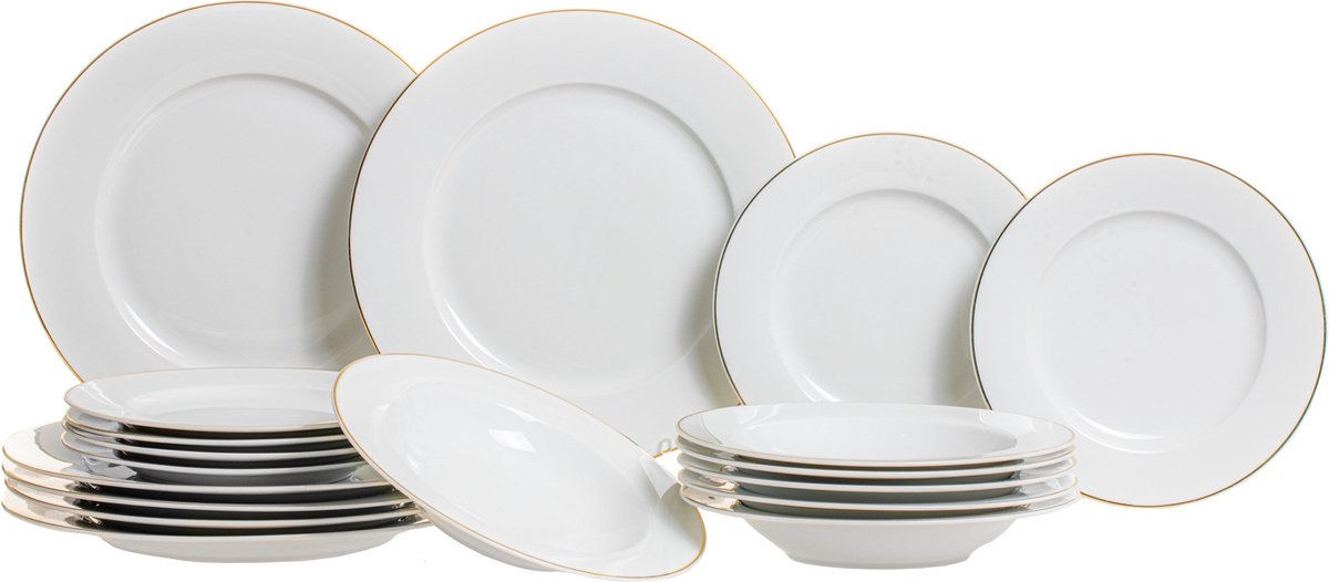 Studio Tavola 18-teiliges Geschirrset Weiß mit Goldrand - 6 Speiseteller Ø 27,5 cm, 6 tiefe Teller Ø 21,5 cm, 6 Frühstücksteller Ø 20,5 cm