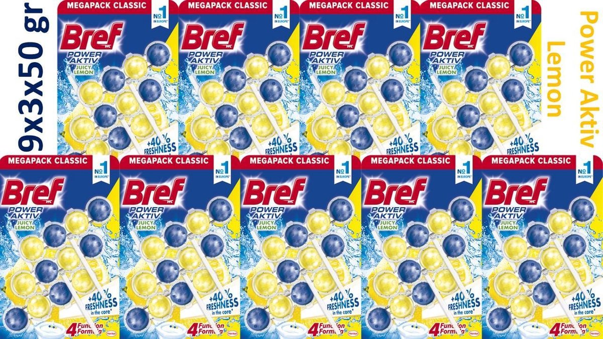 Bref WC Power Active Lemon Toilettensteine - Gelb - 9 x 3 x 50g - XXXL Vorteilspack - 4-in-1 Aktive Reinigung