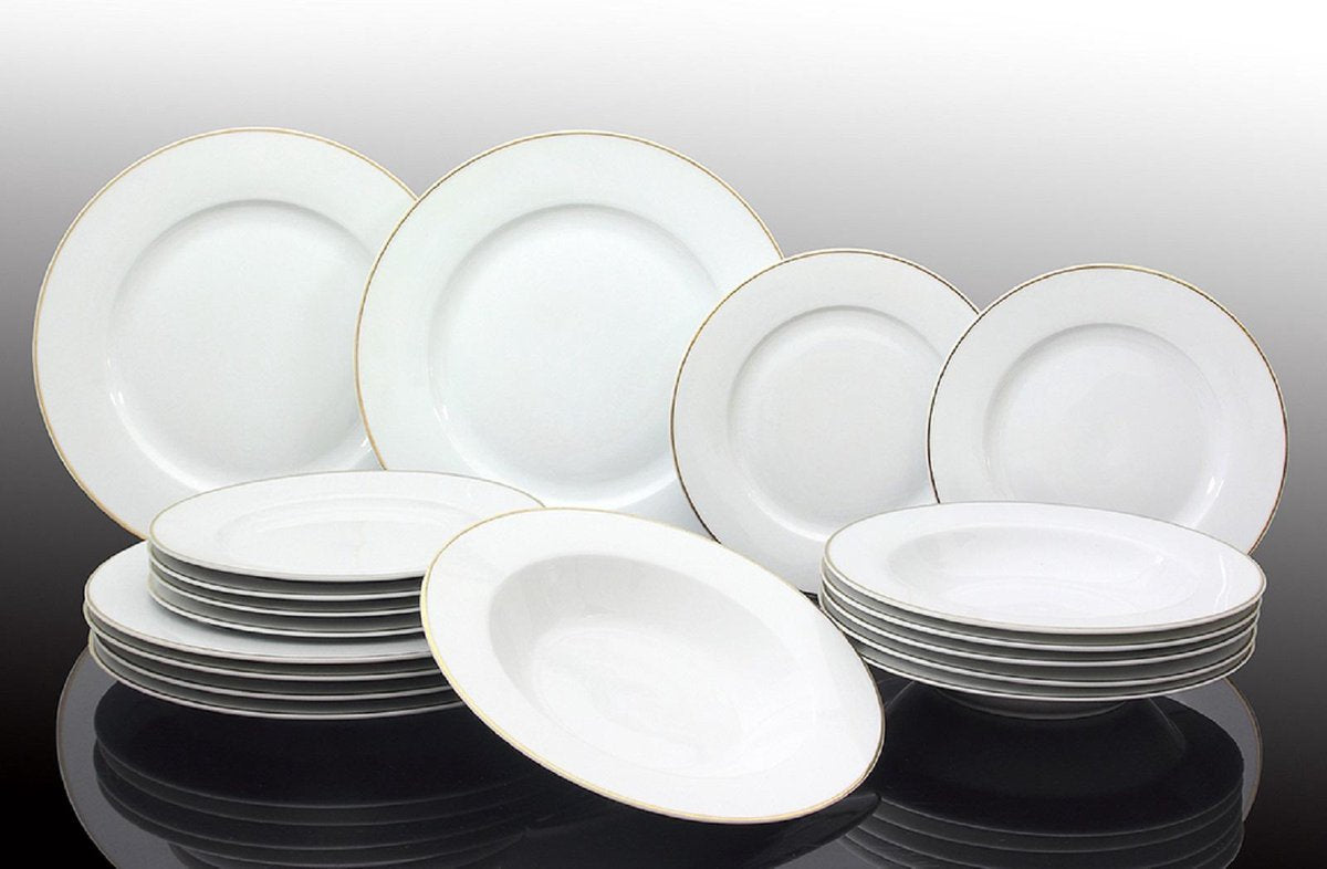 Studio Tavola 18-teiliges Geschirrset Weiß mit Goldrand - 6 Speiseteller Ø 27,5 cm, 6 tiefe Teller Ø 21,5 cm, 6 Frühstücksteller Ø 20,5 cm