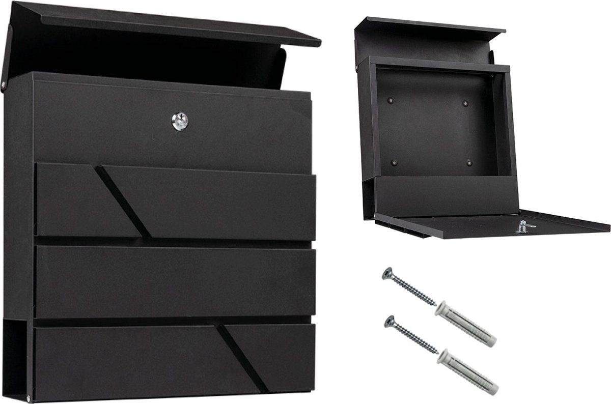 BRASQ Deluxe Briefkasten Schwarz 37,5 x 36,5 x 11 cm - Wandbriefkasten mit Schloss und Zeitungsfach - Inklusive Befestigungsmaterial & 2 Schlüssel