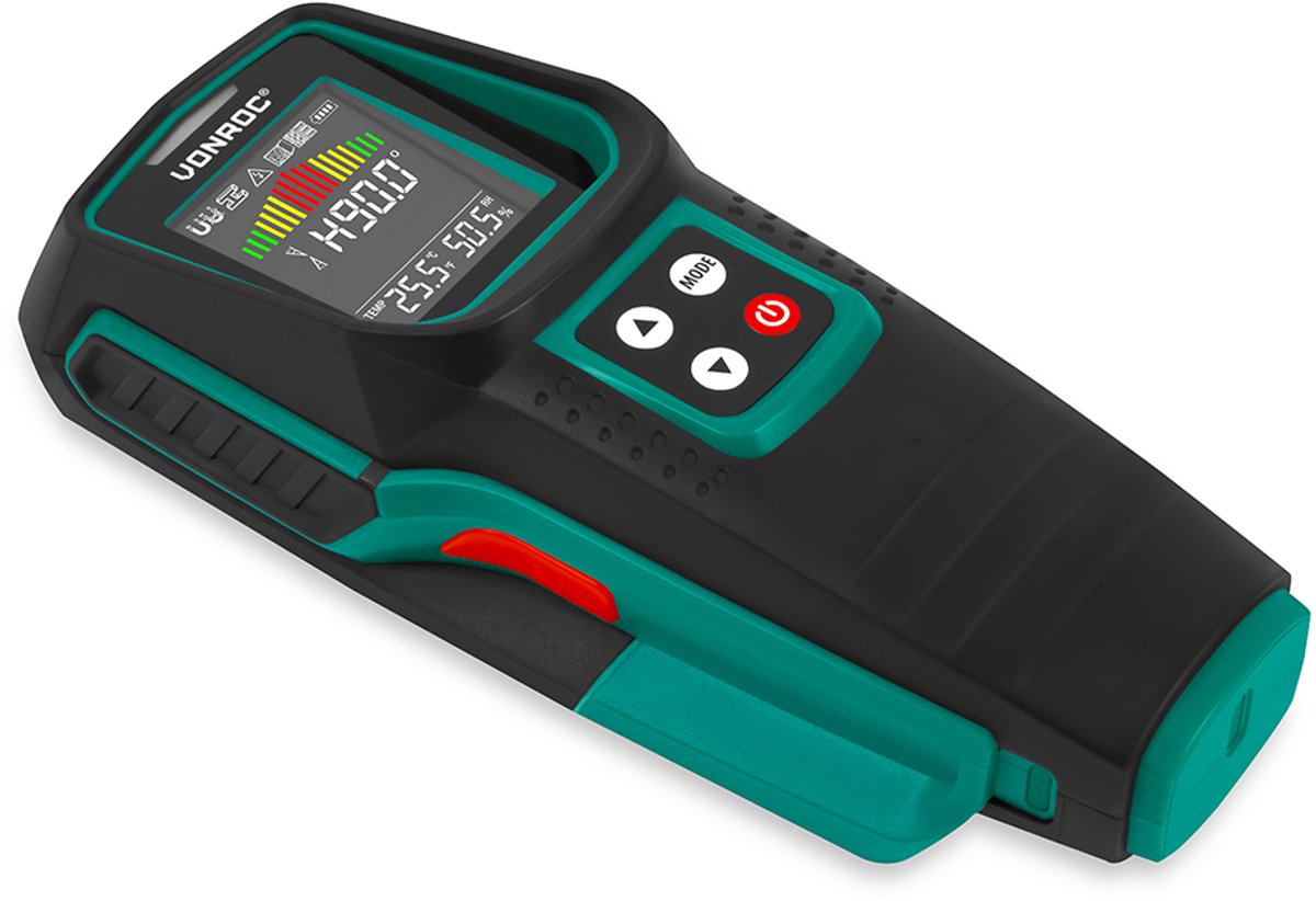 VONROC Rohrsuchgerät WD501DC - Multidetektor für Metall, Holz und Elektro - mit digitalem Winkelmesser, Temperatur- und Feuchtigkeitsmessung - Mehrfarbiges LCD - 17 x 7 x 3 cm